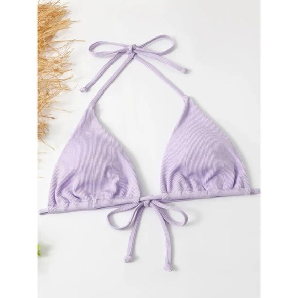 Lavender Ribbed Bikini Two Piece Swimsuit Drawstring Halter Top Cheeky Set - Picture 4 of 7